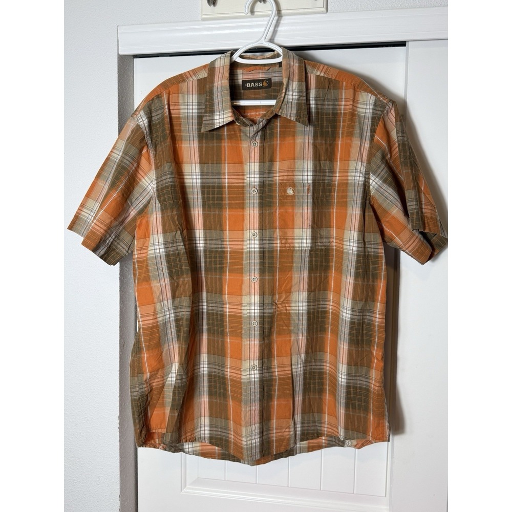 GH Bass Co Mens Shirt XL Plaid Short  Sleeve Button Front‎ Cotton Orange Brown